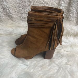 Nine West leather suede Brown Fringe ankle Boots Peep toe back zipper SZ9.5M